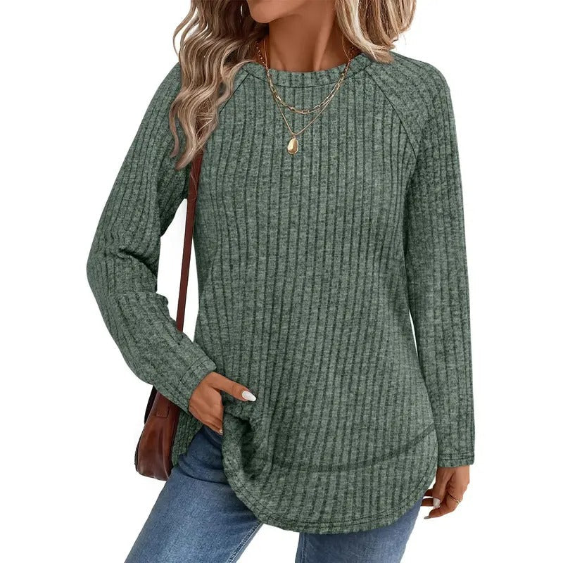 Women  Ribbed Knit Raglan Long Sleeve Top Curved Hem Loose Blouse