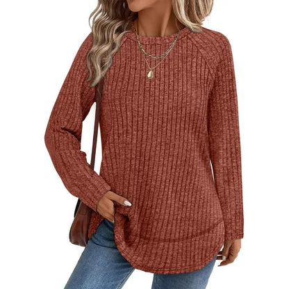 Women  Ribbed Knit Raglan Long Sleeve Top Curved Hem Loose Blouse