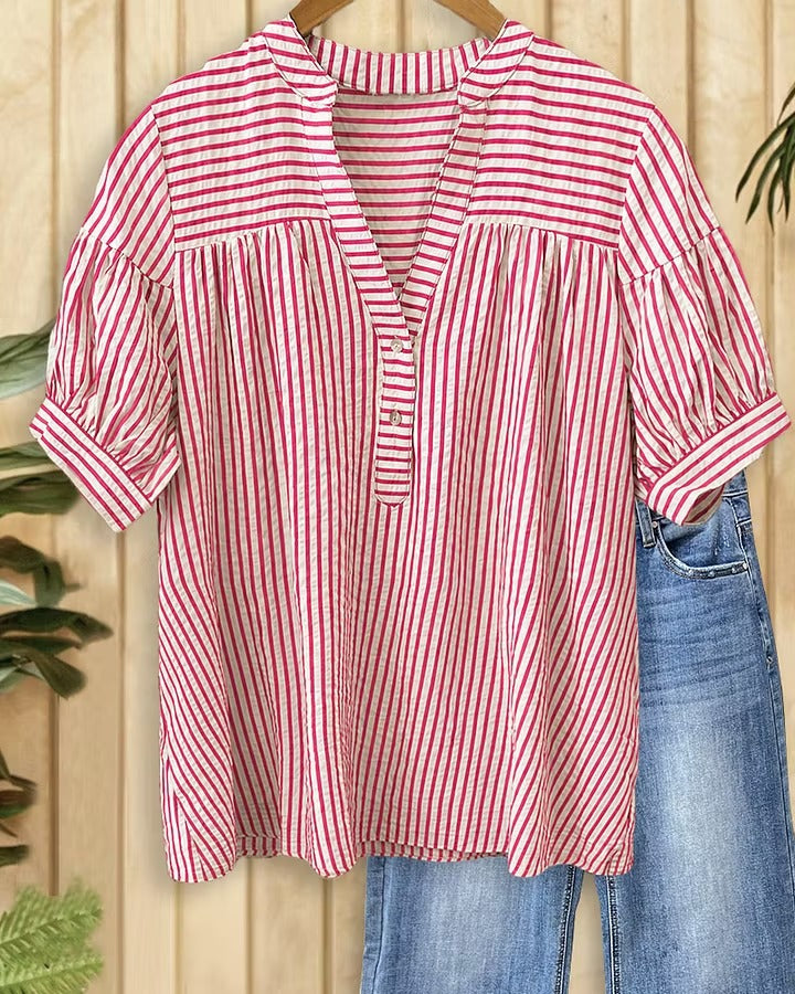 Limited time sale🔥Women's Striped Half Button Yoke Gathered Puff Short Sleeve Blouse