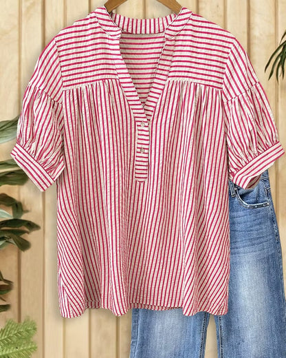 Limited time sale🔥Women's Striped Half Button Yoke Gathered Puff Short Sleeve Blouse