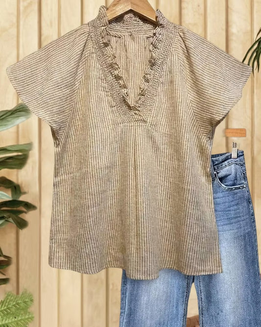 Vertical Striped Ruffle V-Neck Flutter Sleeve Blouse