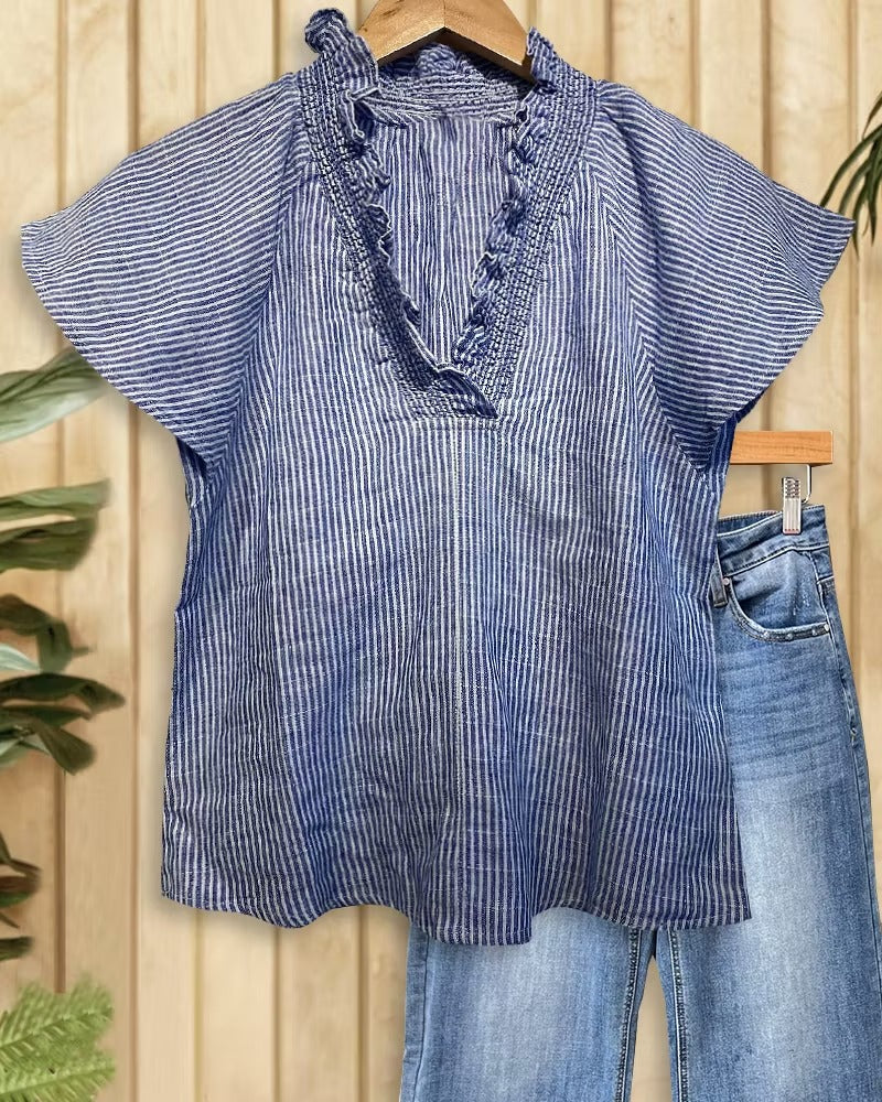 Vertical Striped Ruffle V-Neck Flutter Sleeve Blouse