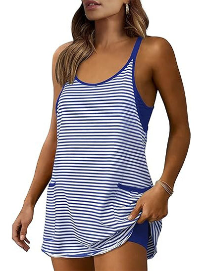 2026 Women's Striped V-Neck Tennis Dress with Built-in Shorts
