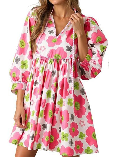 Women's Vibrant Floral Print Tied Waist Dress with Pockets