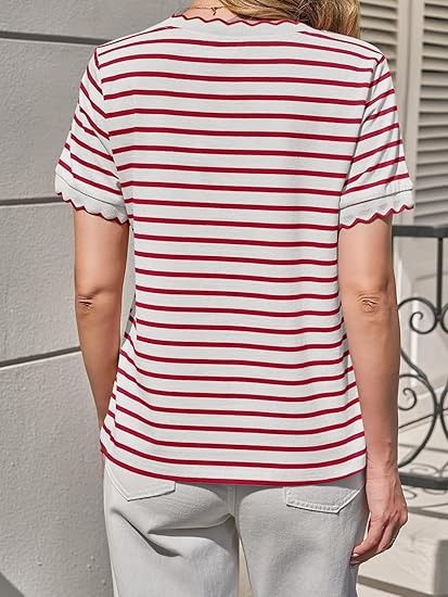 ⏰Hot Sale-Women's Scalloped Crew Neck Striped T-Shirt