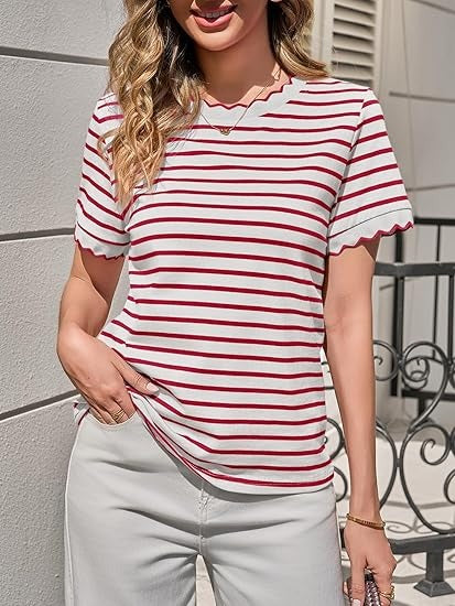 ⏰Hot Sale-Women's Scalloped Crew Neck Striped T-Shirt