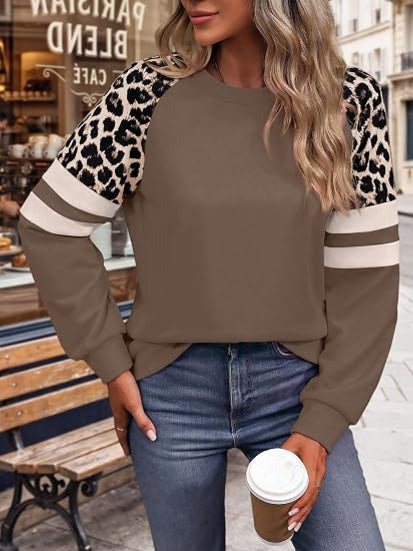 Women's Leopard Color Block Crewneck Sweatshirt