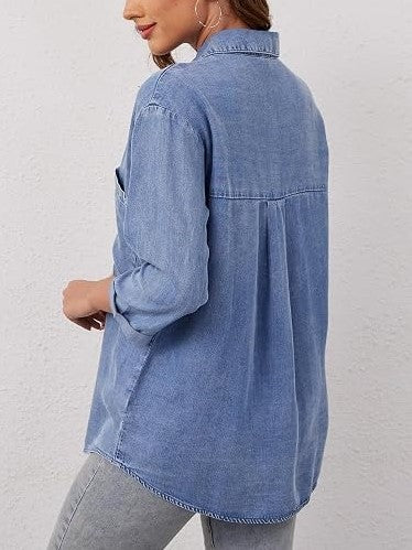 Women's Loose Pocket Denim Shirt Tops
