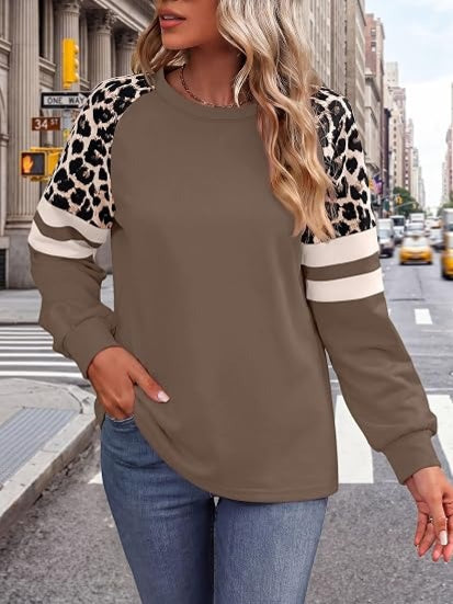 Women's Leopard Color Block Crewneck Sweatshirt