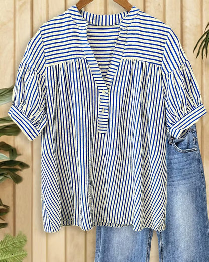Limited time sale🔥Women's Striped Half Button Yoke Gathered Puff Short Sleeve Blouse