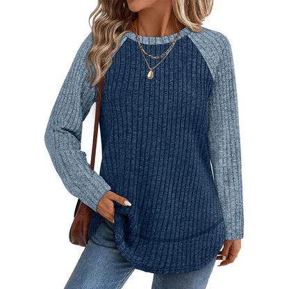 Women  Ribbed Knit Raglan Long Sleeve Top Curved Hem Loose Blouse