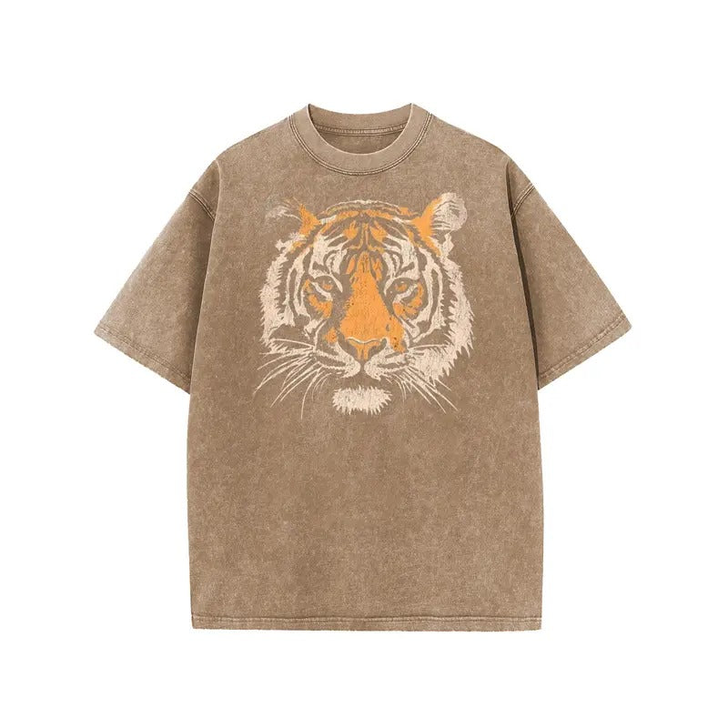 Women's Vintage Tiger Graphic Short Sleeves Loose-Fit Acid Washed Tshirt