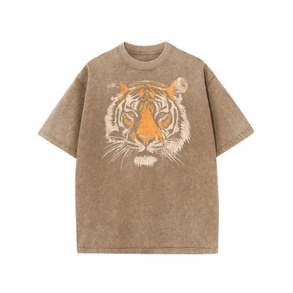 Women's Vintage Tiger Graphic Short Sleeves Loose-Fit Acid Washed Tshirt