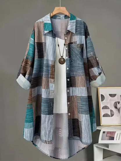 Women's Geometric Patchwork Print Long Sleeve Buttoned Collared Shirt