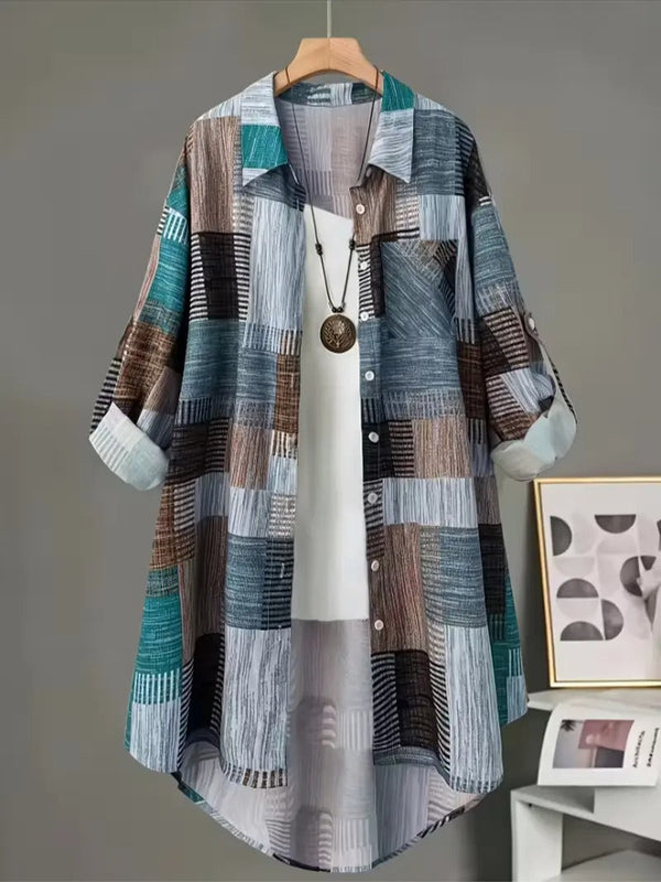 Women's Geometric Patchwork Print Long Sleeve Buttoned Collared Shirt