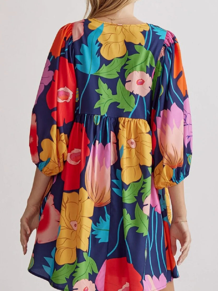 Women's Colorful Floral Half Sleeve Babydoll Dress