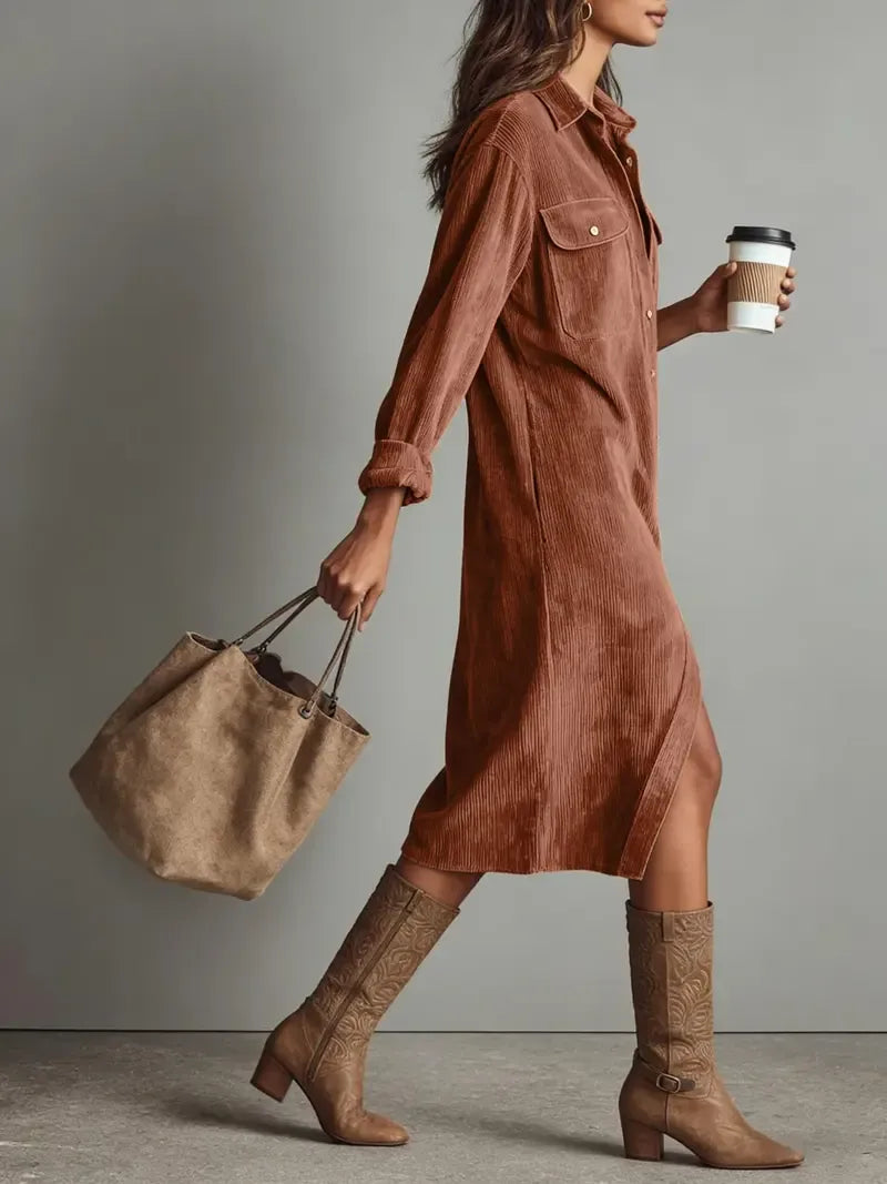 ⏰Hot Sale-Women’s Fall Lapel Corduroy Button Down Shirt Dress