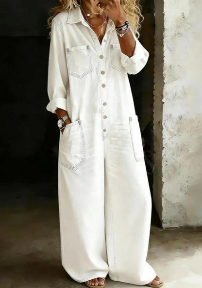 Women's Denim Retro Collared Long-Sleeved Wide-Leg Straight Jumpsuit