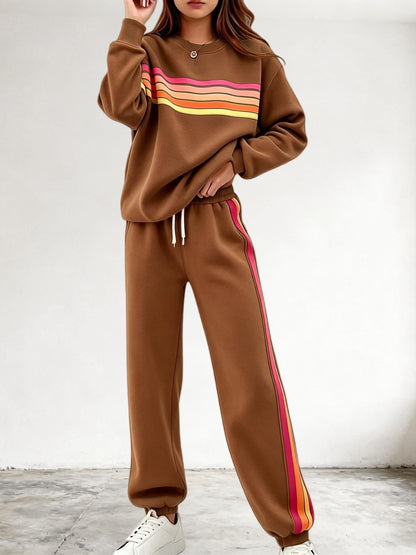 Women's Retro Striped Long Sleeve Sweat Top & Jogger Pants Two‑Piece Set