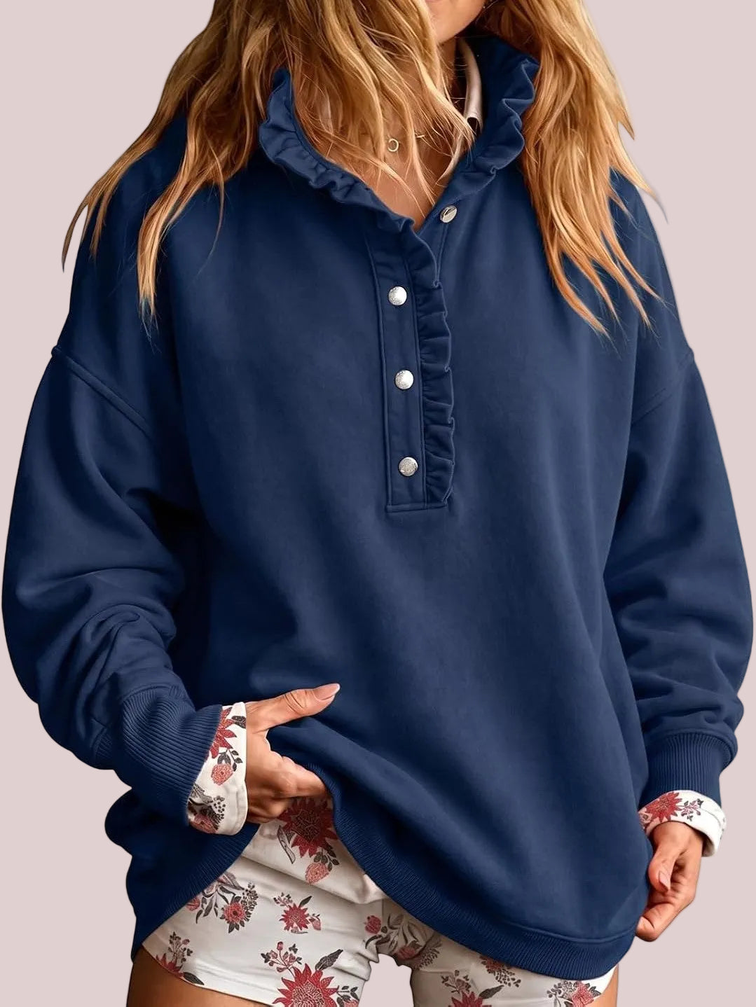 Limited time sale🔥Women's Ruffle Collar Henley Oversized Sweatshirt
