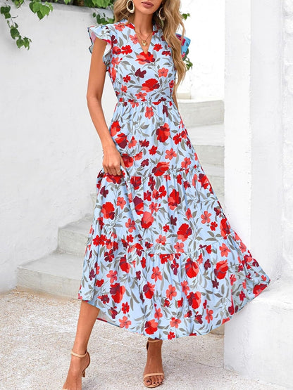 ⏰Hot Sale-Women's Boho Print V Neck Ruffle Maxi Dress