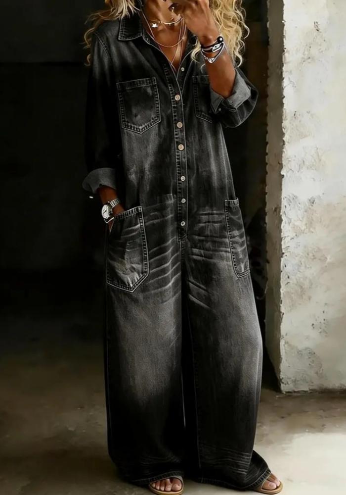 Women's Denim Retro Collared Long-Sleeved Wide-Leg Straight Jumpsuit