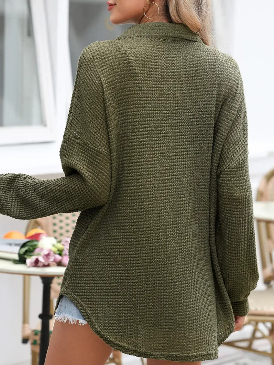 Women's Loose‑Fit Waffle Knit Lapel Long‑Sleeve Top