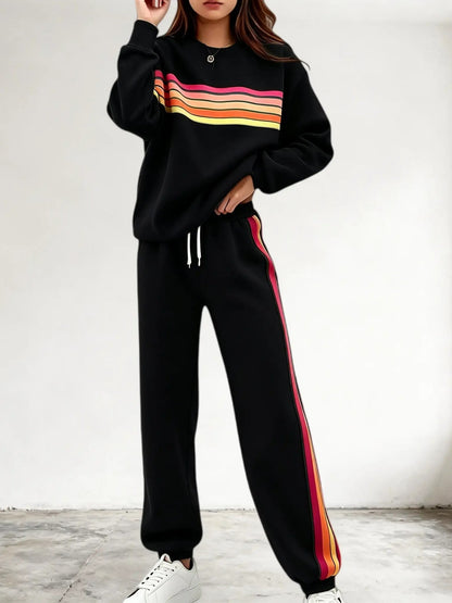 Women's Retro Striped Long Sleeve Sweat Top & Jogger Pants Two‑Piece Set