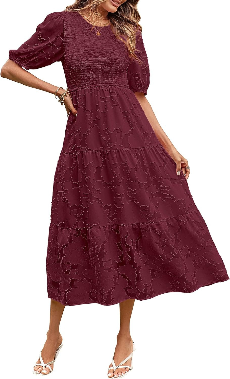 ✨Women's Puff Sleeve Floral Dress Flowy Tiered Midi Dresses