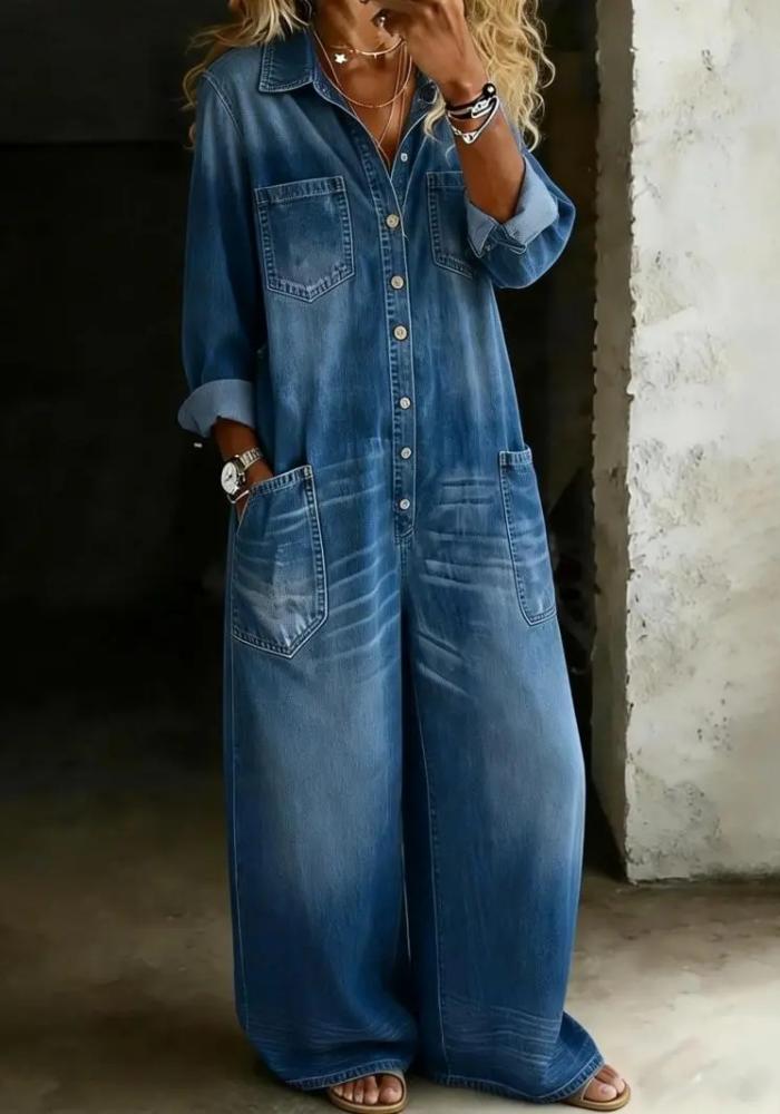 Women's Denim Retro Collared Long-Sleeved Wide-Leg Straight Jumpsuit