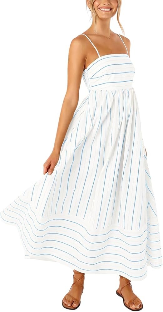 Women's striped backless pleated halter-neck cutout flowy A-line maxi dress