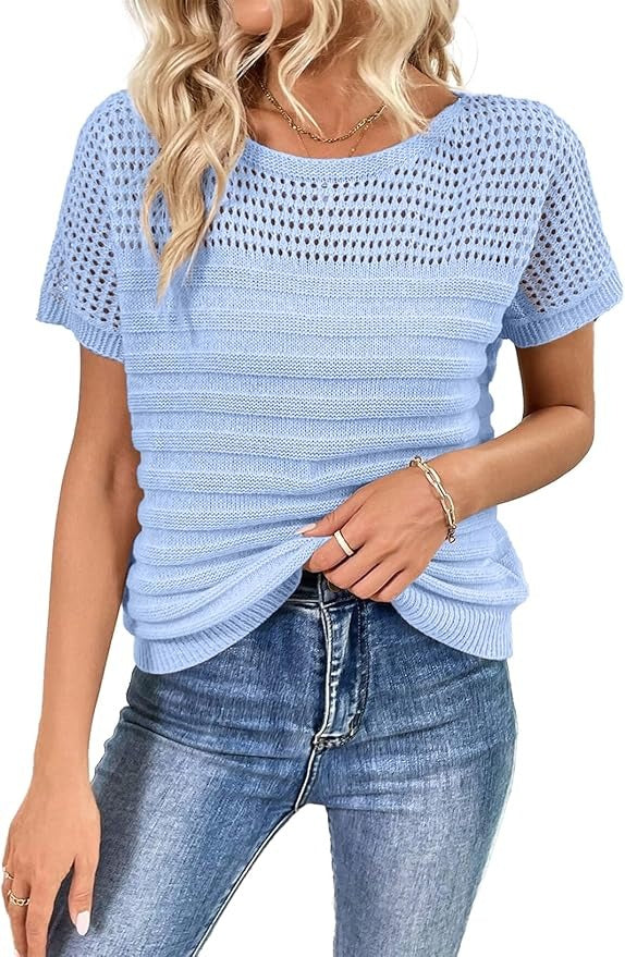 ⏰Hot Sale-Womens Crew Neck Short Sleeve Shirts Knit Hollow Out Tops