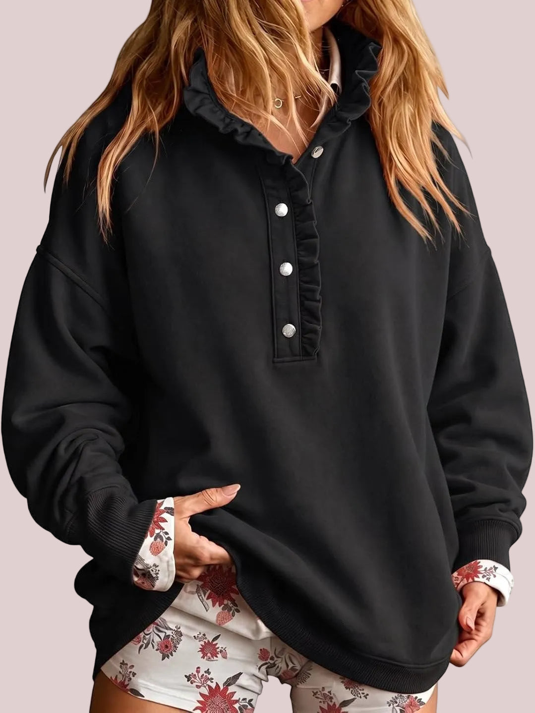 Limited time sale🔥Women's Ruffle Collar Henley Oversized Sweatshirt