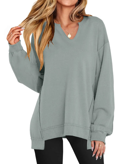 Women's Oversized V‑Neck Split‑Hem Sweatshirt