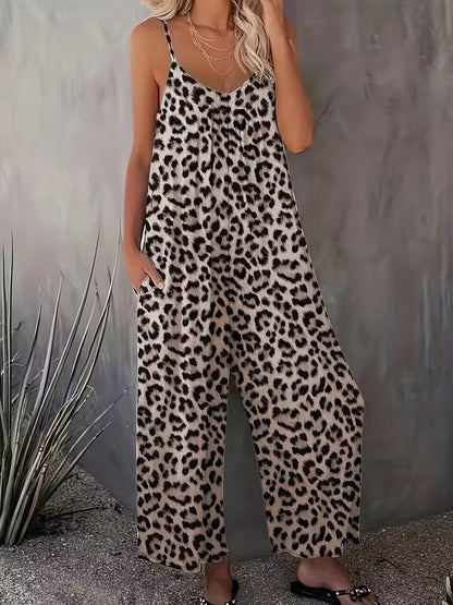 Women's Casual Sleeveless Leopard Print Jumpsuit with Pockets