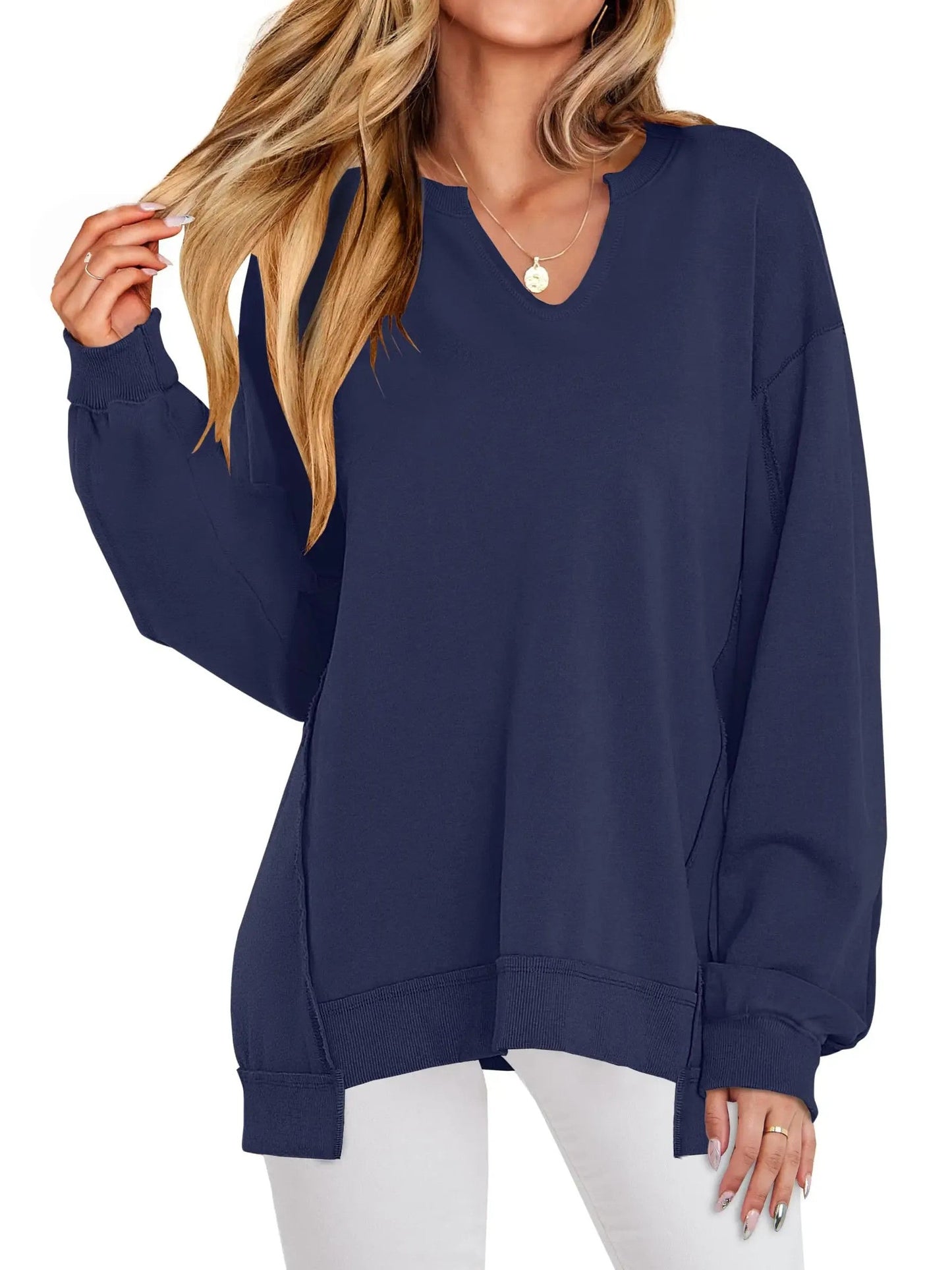 Women's Oversized V‑Neck Split‑Hem Sweatshirt