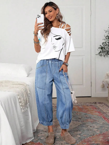 Women Elastic Waist Stitched Patch Denim Jogger Pants
