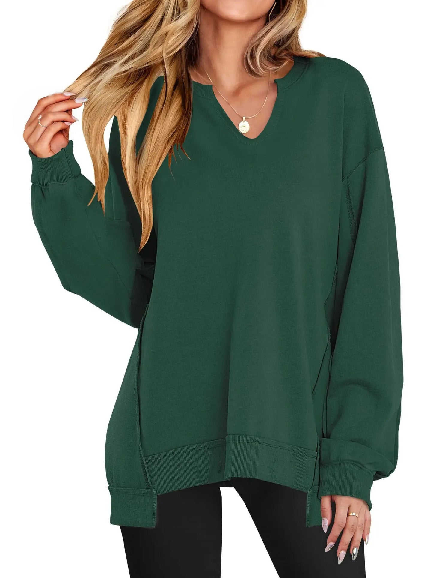 Women's Oversized V‑Neck Split‑Hem Sweatshirt