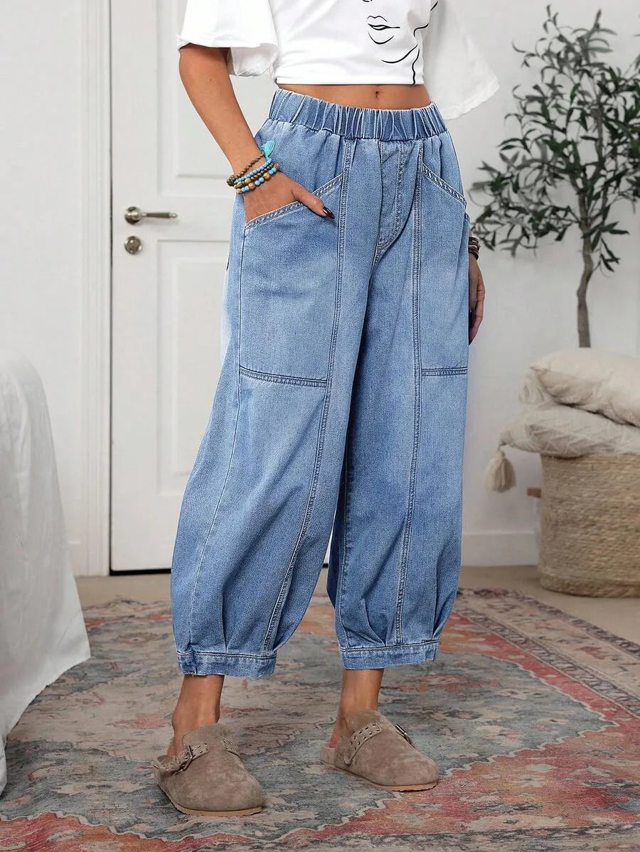 Women Elastic Waist Stitched Patch Denim Jogger Pants