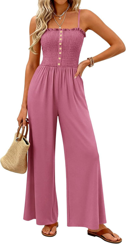 Women's Smocked Spaghetti Strap Wide-Leg Jumpsuit with Pockets