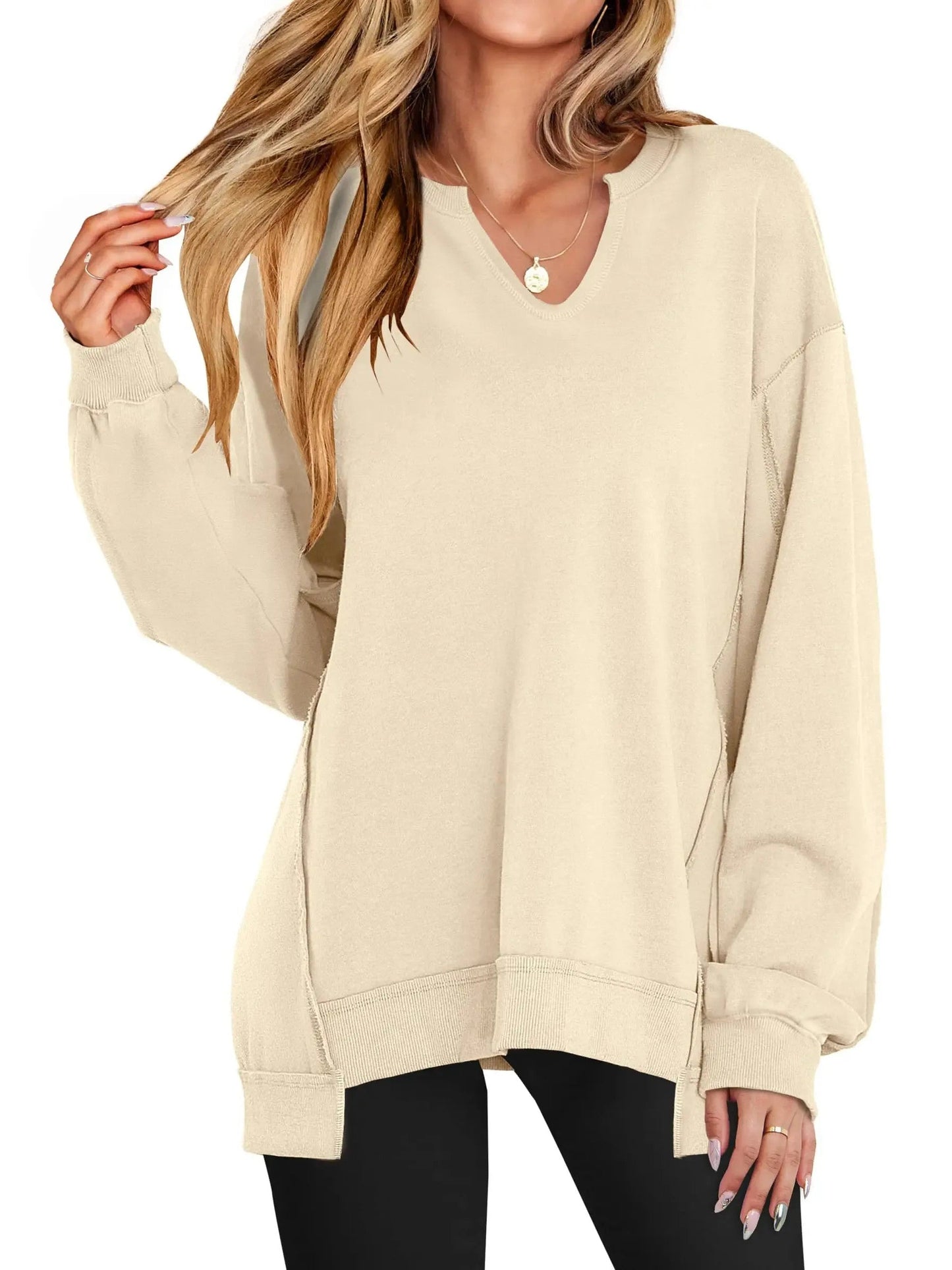 Women's Oversized V‑Neck Split‑Hem Sweatshirt