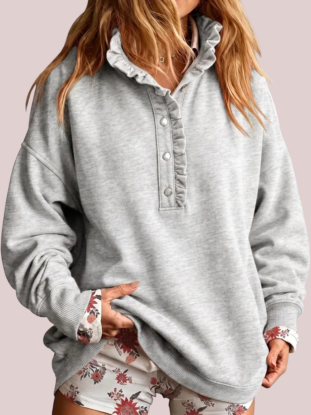 Limited time sale🔥Women's Ruffle Collar Henley Oversized Sweatshirt