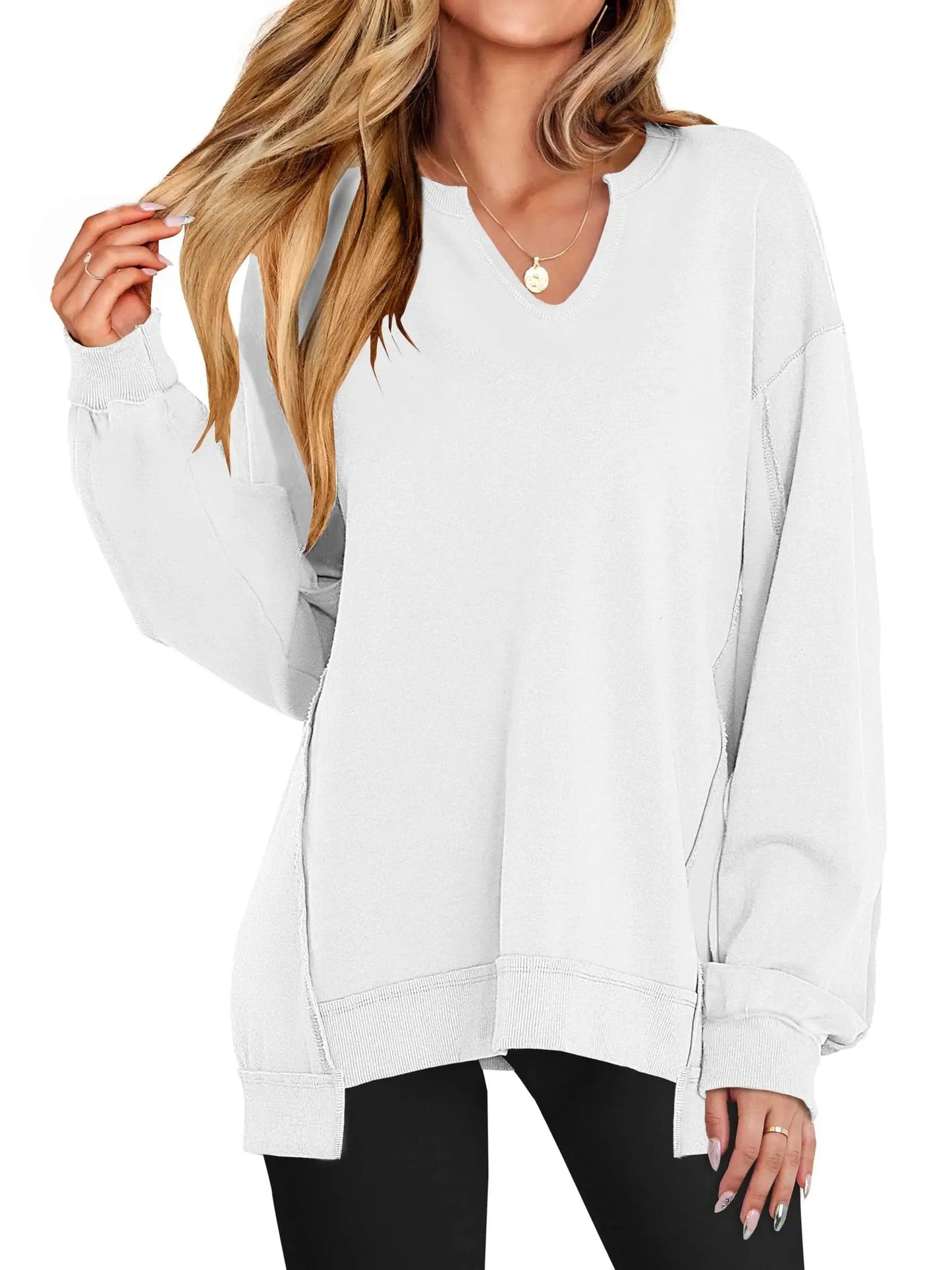 Women's Oversized V‑Neck Split‑Hem Sweatshirt