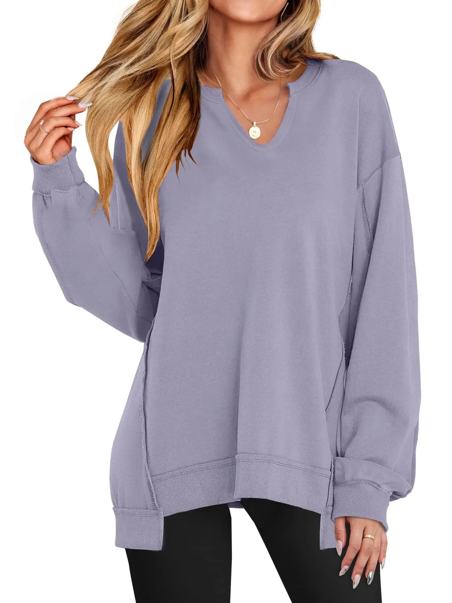 Women's Oversized V‑Neck Split‑Hem Sweatshirt