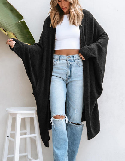 Women Oversized Long Knit Cardigan Open Front Loose Sweater Coat With Pockets
