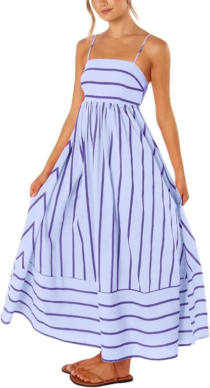 Women's striped backless pleated halter-neck cutout flowy A-line maxi dress