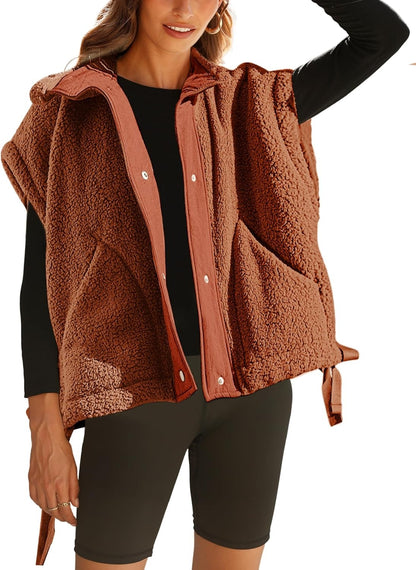 Womens Sleeveless Sherpa Vest Fuzzy Fleece Outerwear With Pockets