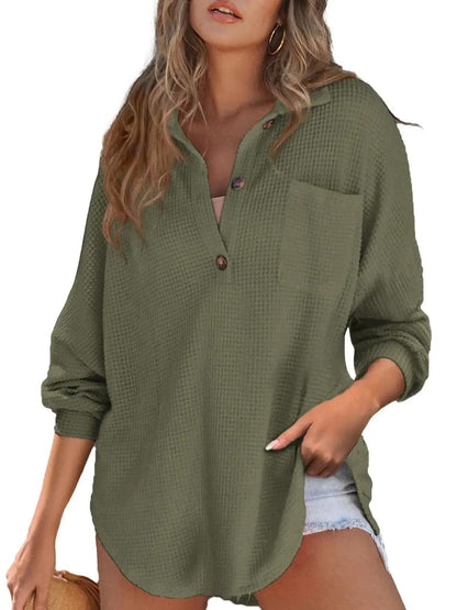 Women's Loose‑Fit Waffle Knit Lapel Long‑Sleeve Top
