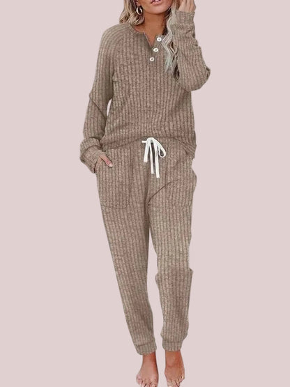 Women's Ribbed Knit Henley Loungewear Set