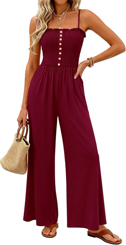 Women's Smocked Spaghetti Strap Wide-Leg Jumpsuit with Pockets